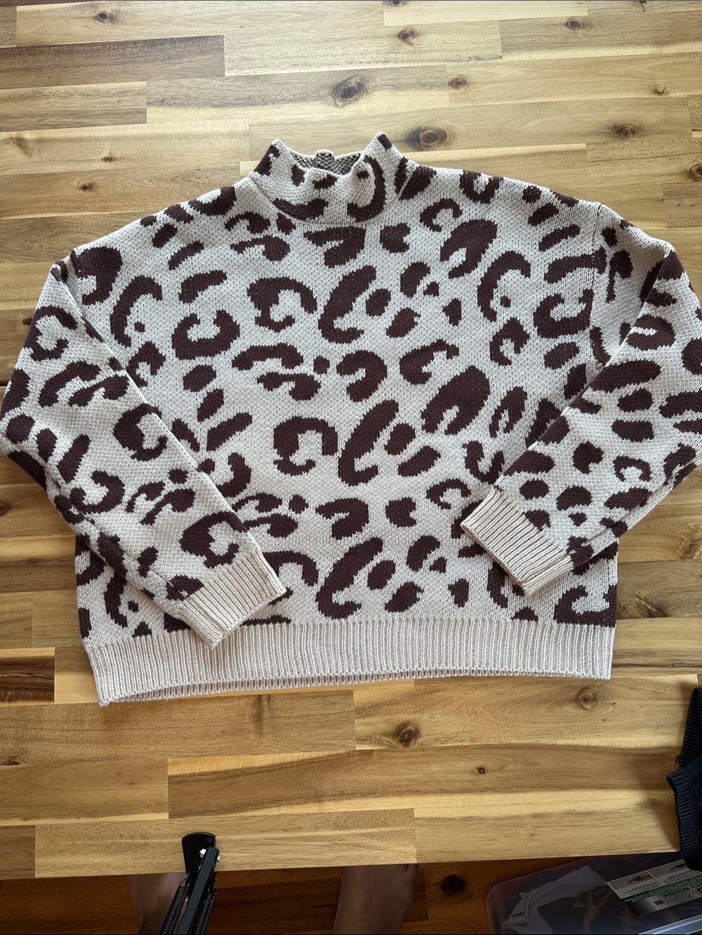 SHEIN Cream and Brown Leopard Print Turtleneck Sweater